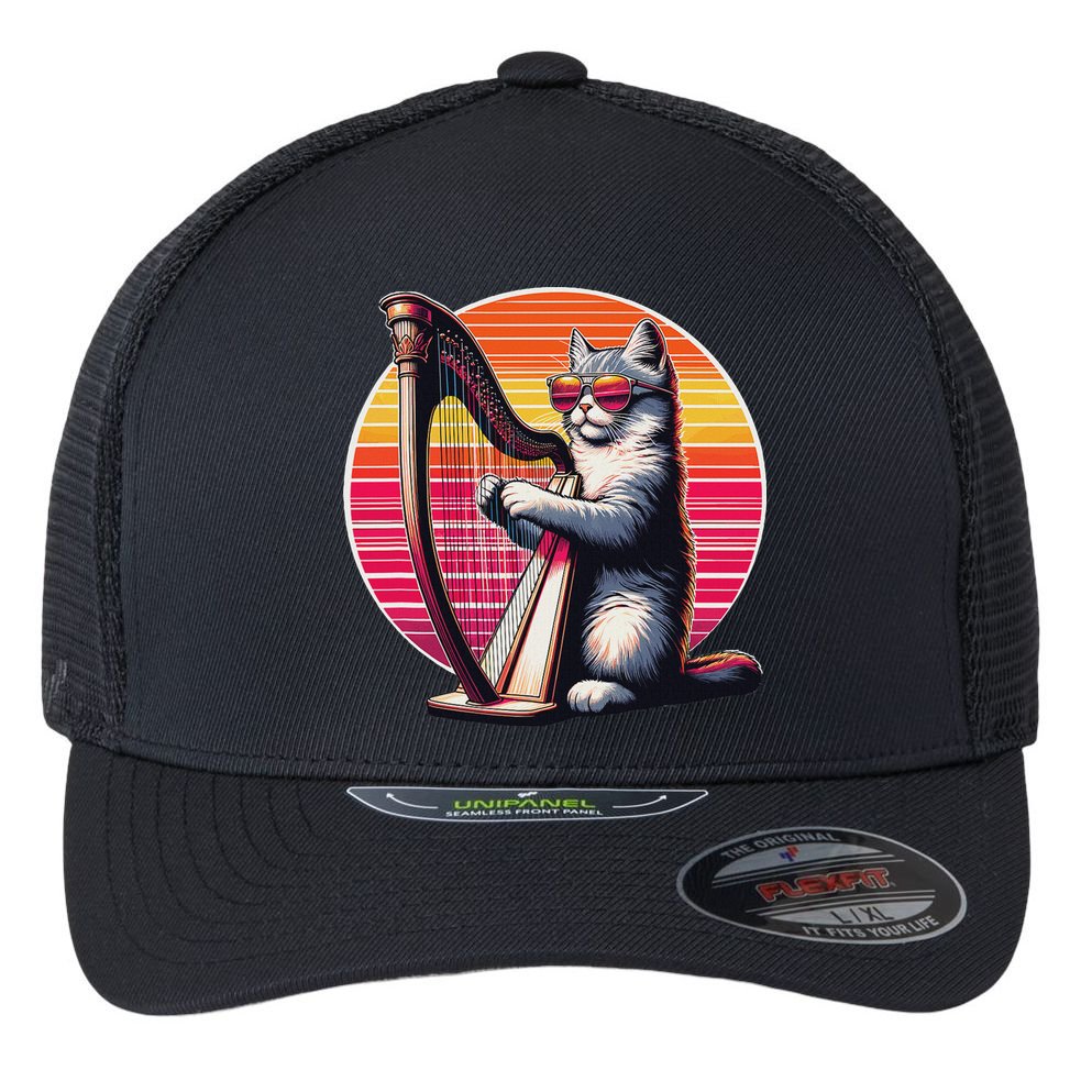 Musician Harpist Cat Wearing Sunglasses Cat Playing Harp Flexfit Unipanel Trucker Cap
