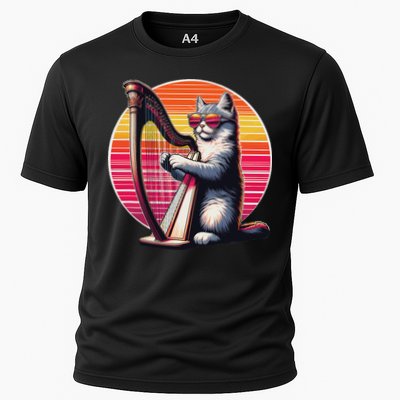 Musician Harpist Cat Wearing Sunglasses Cat Playing Harp Cooling Performance Crew T-Shirt