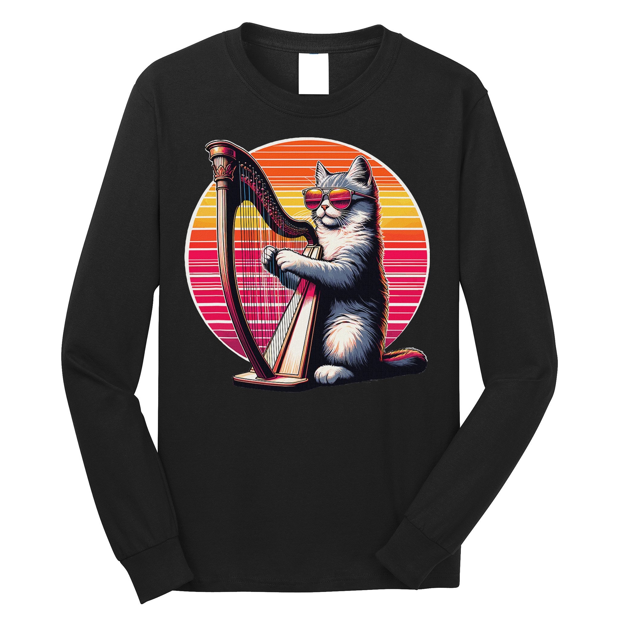 Musician Harpist Cat Wearing Sunglasses Cat Playing Harp Long Sleeve Shirt