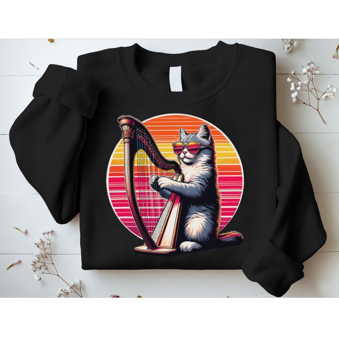 Musician Harpist Cat Wearing Sunglasses Cat Playing Harp Sweatshirt