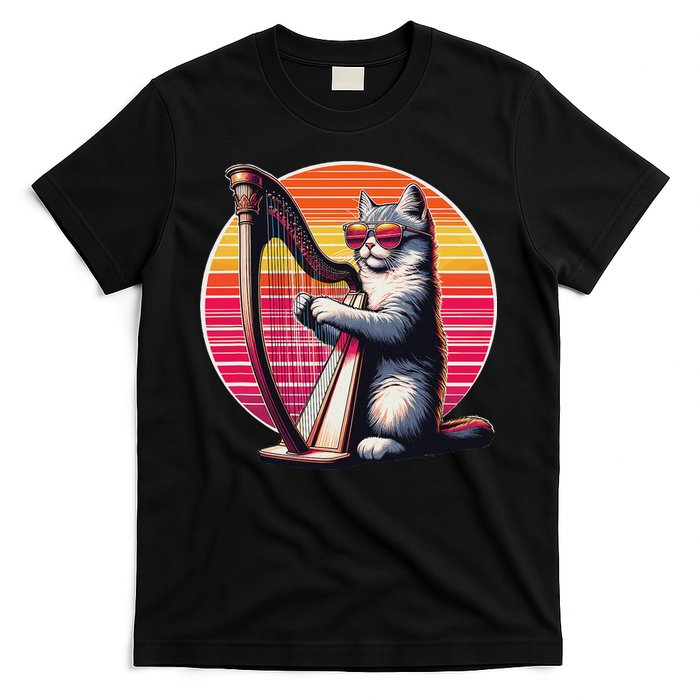 Musician Harpist Cat Wearing Sunglasses Cat Playing Harp T-Shirt