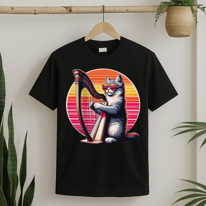 Musician Harpist Cat Wearing Sunglasses Cat Playing Harp T-Shirt