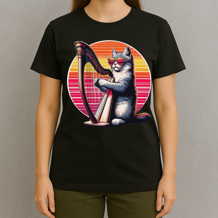 Musician Harpist Cat Wearing Sunglasses Cat Playing Harp T-Shirt