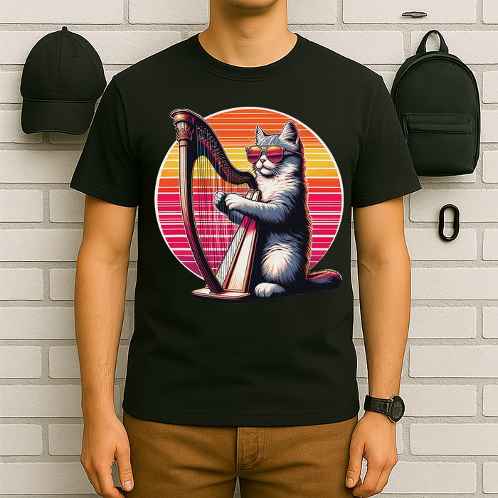 Musician Harpist Cat Wearing Sunglasses Cat Playing Harp T-Shirt