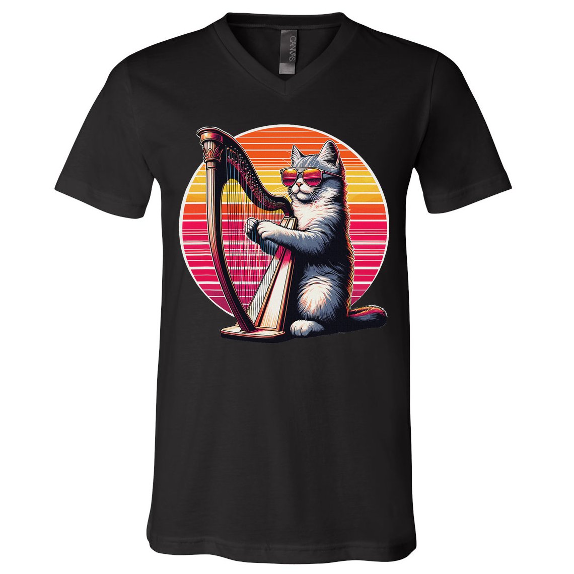 Musician Harpist Cat Wearing Sunglasses Cat Playing Harp V-Neck T-Shirt