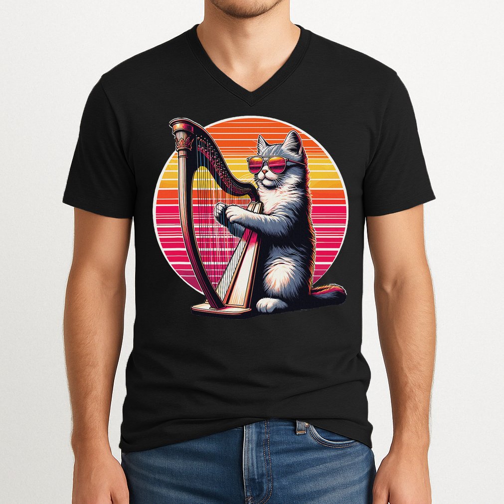Musician Harpist Cat Wearing Sunglasses Cat Playing Harp V-Neck T-Shirt