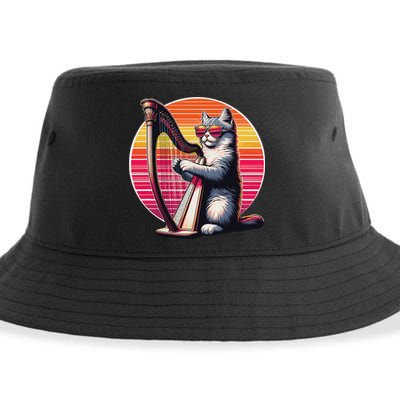 Musician Harpist Cat Wearing Sunglasses Cat Playing Harp Sustainable Bucket Hat