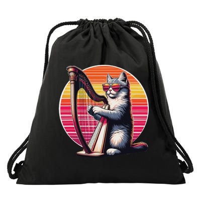 Musician Harpist Cat Wearing Sunglasses Cat Playing Harp Drawstring Bag