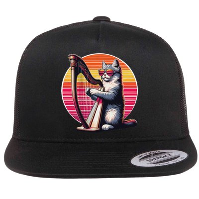 Musician Harpist Cat Wearing Sunglasses Cat Playing Harp Flat Bill Trucker Hat