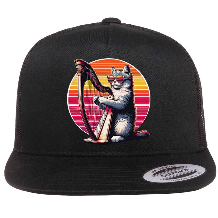 Musician Harpist Cat Wearing Sunglasses Cat Playing Harp Flat Bill Trucker Hat
