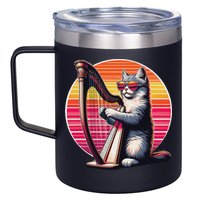 Musician Harpist Cat Wearing Sunglasses Cat Playing Harp 12oz Stainless Steel Coffee Mug