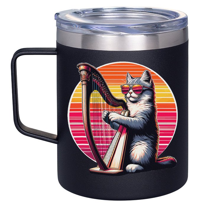 Musician Harpist Cat Wearing Sunglasses Cat Playing Harp 12oz Stainless Steel Coffee Mug