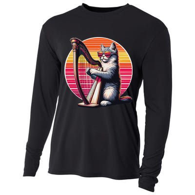 Musician Harpist Cat Wearing Sunglasses Cat Playing Harp Cooling Performance Long Sleeve Crew