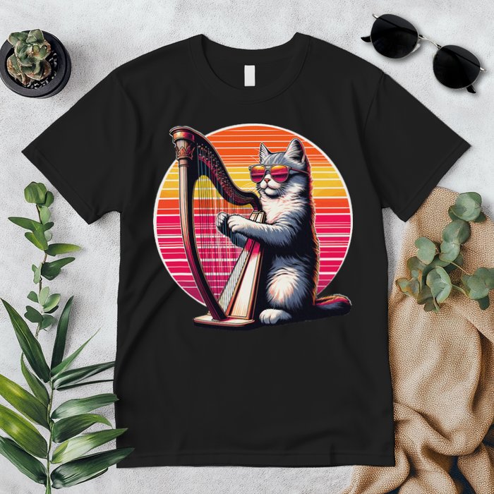 Musician Harpist Cat Wearing Sunglasses Cat Playing Harp Premium T-Shirt