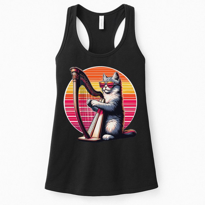 Musician Harpist Cat Wearing Sunglasses Cat Playing Harp Womens Tank Top