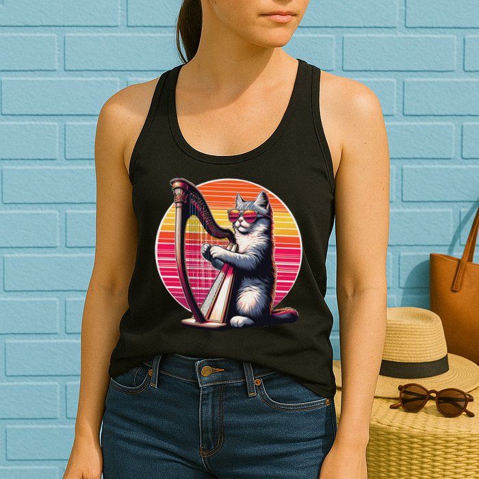 Musician Harpist Cat Wearing Sunglasses Cat Playing Harp Womens Tank Top