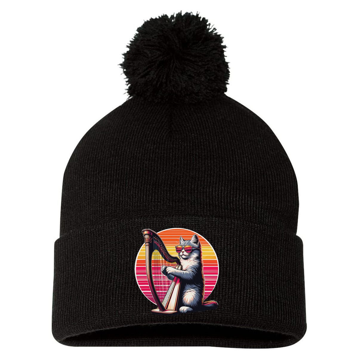 Musician Harpist Cat Wearing Sunglasses Cat Playing Harp Pom Pom 12in Knit Beanie