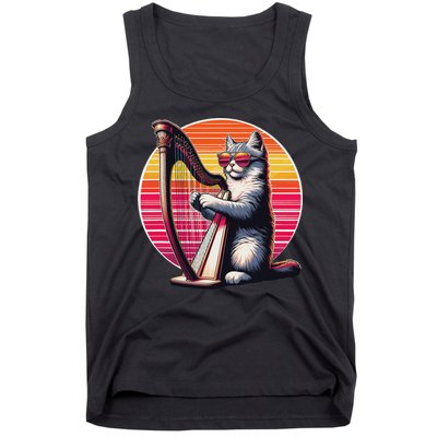 Musician Harpist Cat Wearing Sunglasses Cat Playing Harp Tank Top