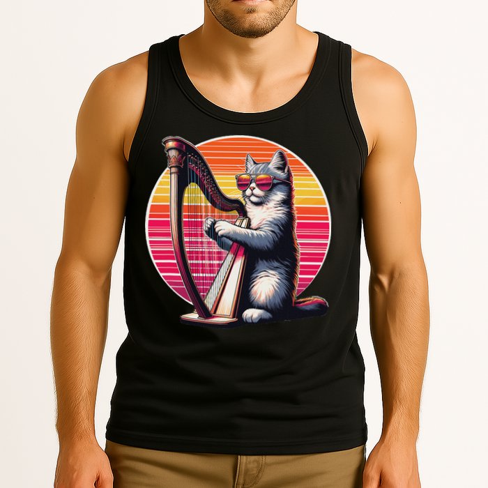 Musician Harpist Cat Wearing Sunglasses Cat Playing Harp Tank Top