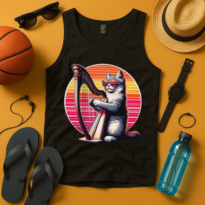 Musician Harpist Cat Wearing Sunglasses Cat Playing Harp Tank Top