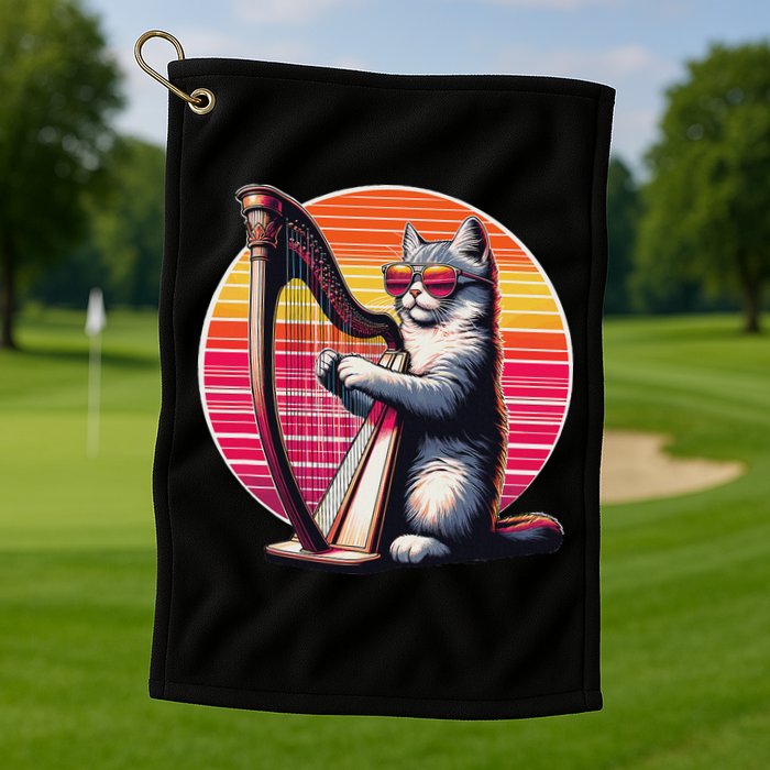 Musician Harpist Cat Wearing Sunglasses Cat Playing Harp Golf Towel