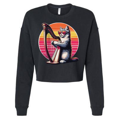 Musician Harpist Cat Wearing Sunglasses Cat Playing Harp Cropped Pullover Crew