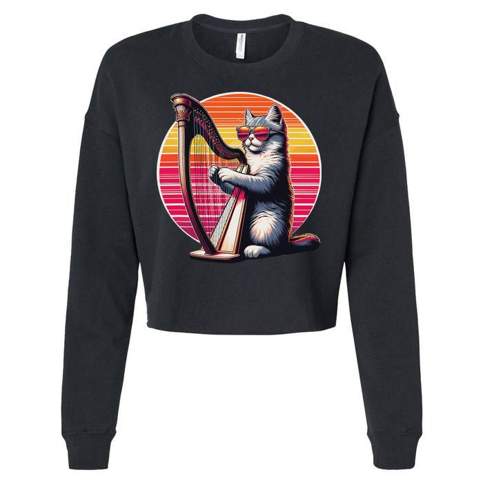 Musician Harpist Cat Wearing Sunglasses Cat Playing Harp Cropped Pullover Crew