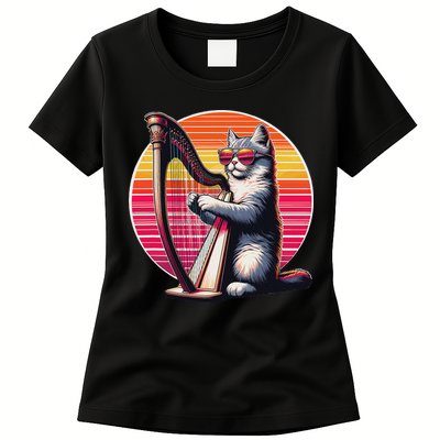 Musician Harpist Cat Wearing Sunglasses Cat Playing Harp Womens T-Shirt