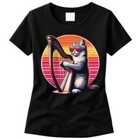 Musician Harpist Cat Wearing Sunglasses Cat Playing Harp Womens T-Shirt