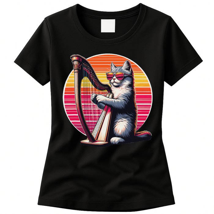 Musician Harpist Cat Wearing Sunglasses Cat Playing Harp Womens T-Shirt