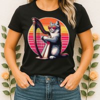 Musician Harpist Cat Wearing Sunglasses Cat Playing Harp Womens T-Shirt