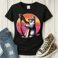 Musician Harpist Cat Wearing Sunglasses Cat Playing Harp Womens T-Shirt