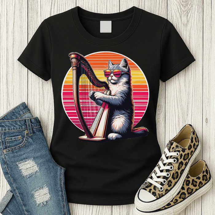 Musician Harpist Cat Wearing Sunglasses Cat Playing Harp Womens T-Shirt