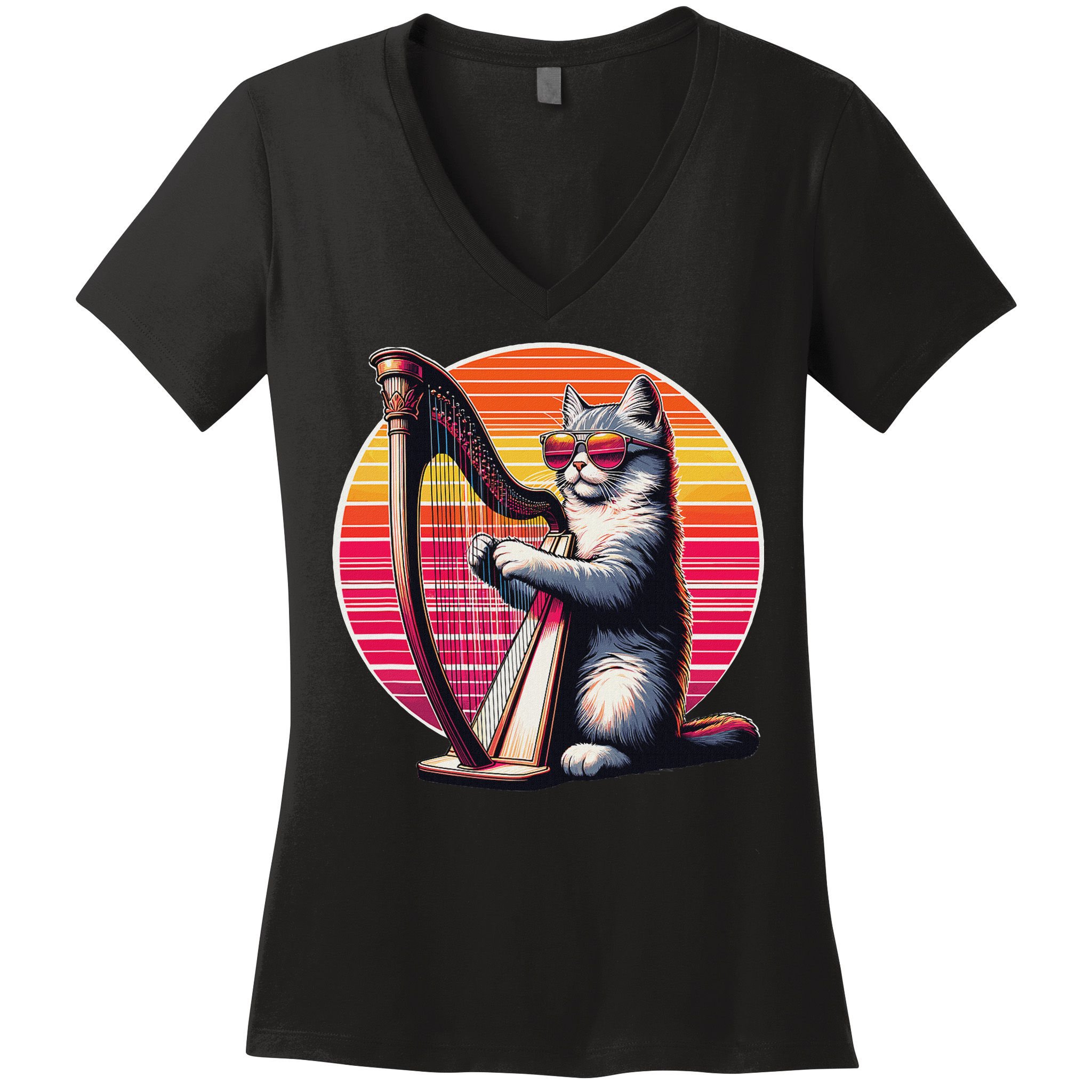 Musician Harpist Cat Wearing Sunglasses Cat Playing Harp Women's V-Neck T-Shirt