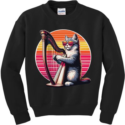 Musician Harpist Cat Wearing Sunglasses Cat Playing Harp Kids Sweatshirt