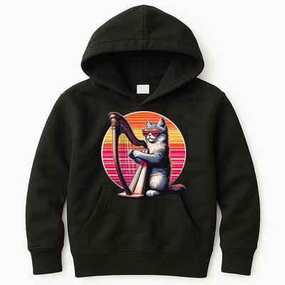 Musician Harpist Cat Wearing Sunglasses Cat Playing Harp Kids Hoodie