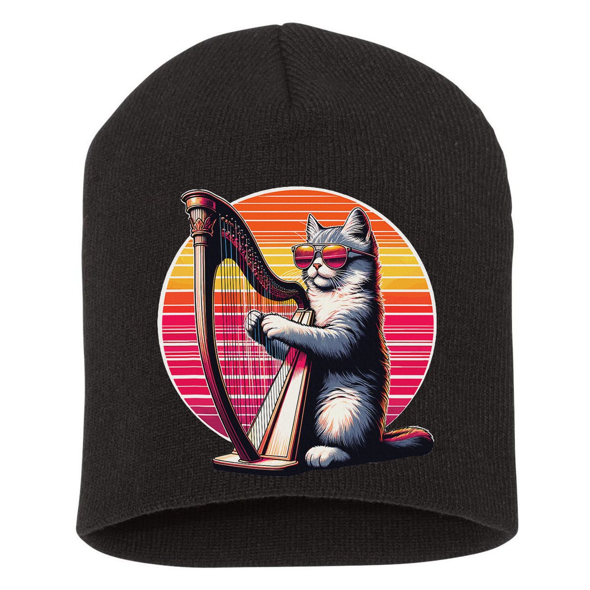 Musician Harpist Cat Wearing Sunglasses Cat Playing Harp Short Acrylic Beanie