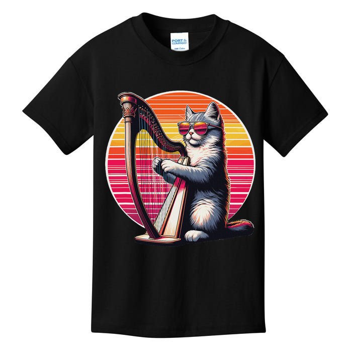 Musician Harpist Cat Wearing Sunglasses Cat Playing Harp Kids T-Shirt