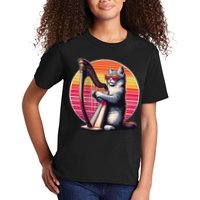 Musician Harpist Cat Wearing Sunglasses Cat Playing Harp Kids T-Shirt
