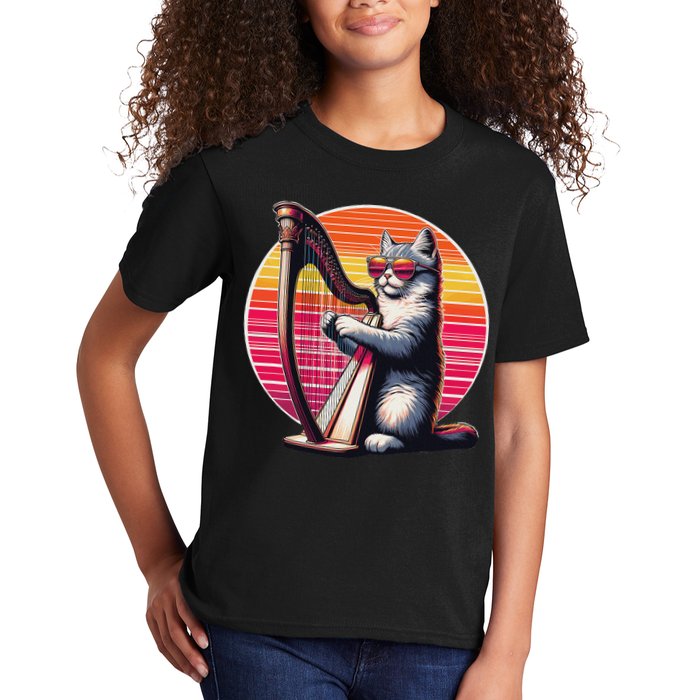 Musician Harpist Cat Wearing Sunglasses Cat Playing Harp Kids T-Shirt