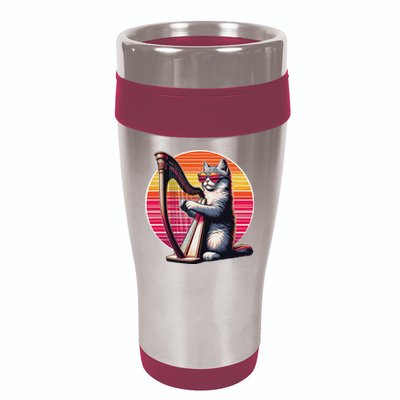 Musician Harpist Cat Wearing Sunglasses Cat Playing Harp 16oz Travel Tumbler