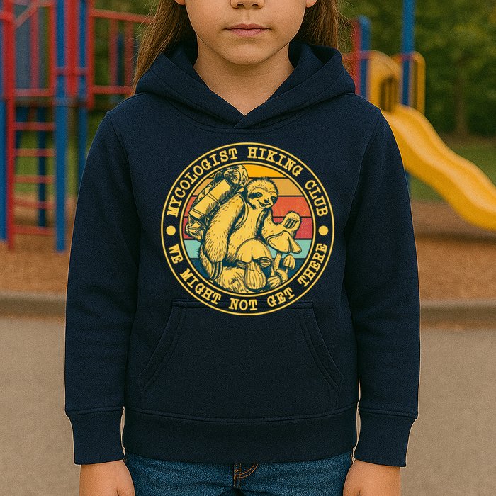 Mycologist Hiking Club We Might Not Get There Sloth Kids Hoodie