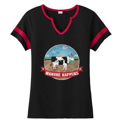 Manure Happens Cattle Ranch Farm Cow Dairy Humor Ladies Halftime Notch Neck Tee