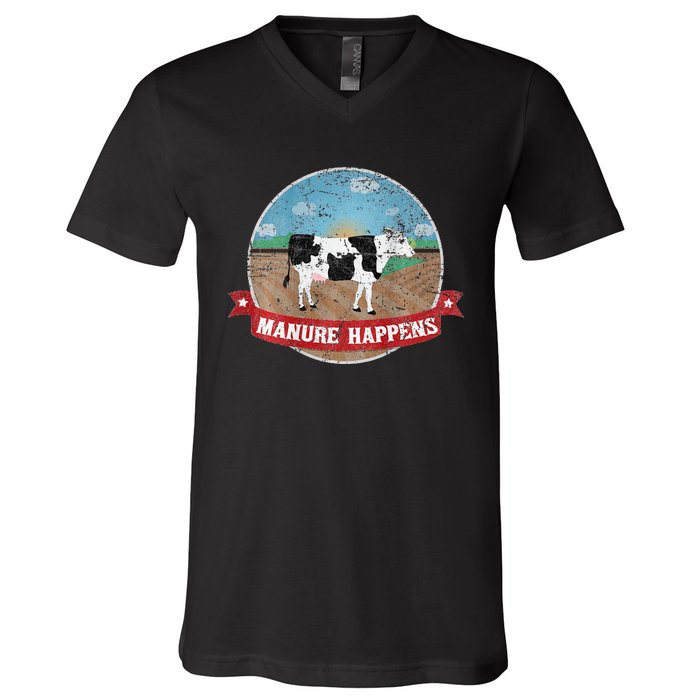 Manure Happens Cattle Ranch Farm Cow Dairy Humor V-Neck T-Shirt