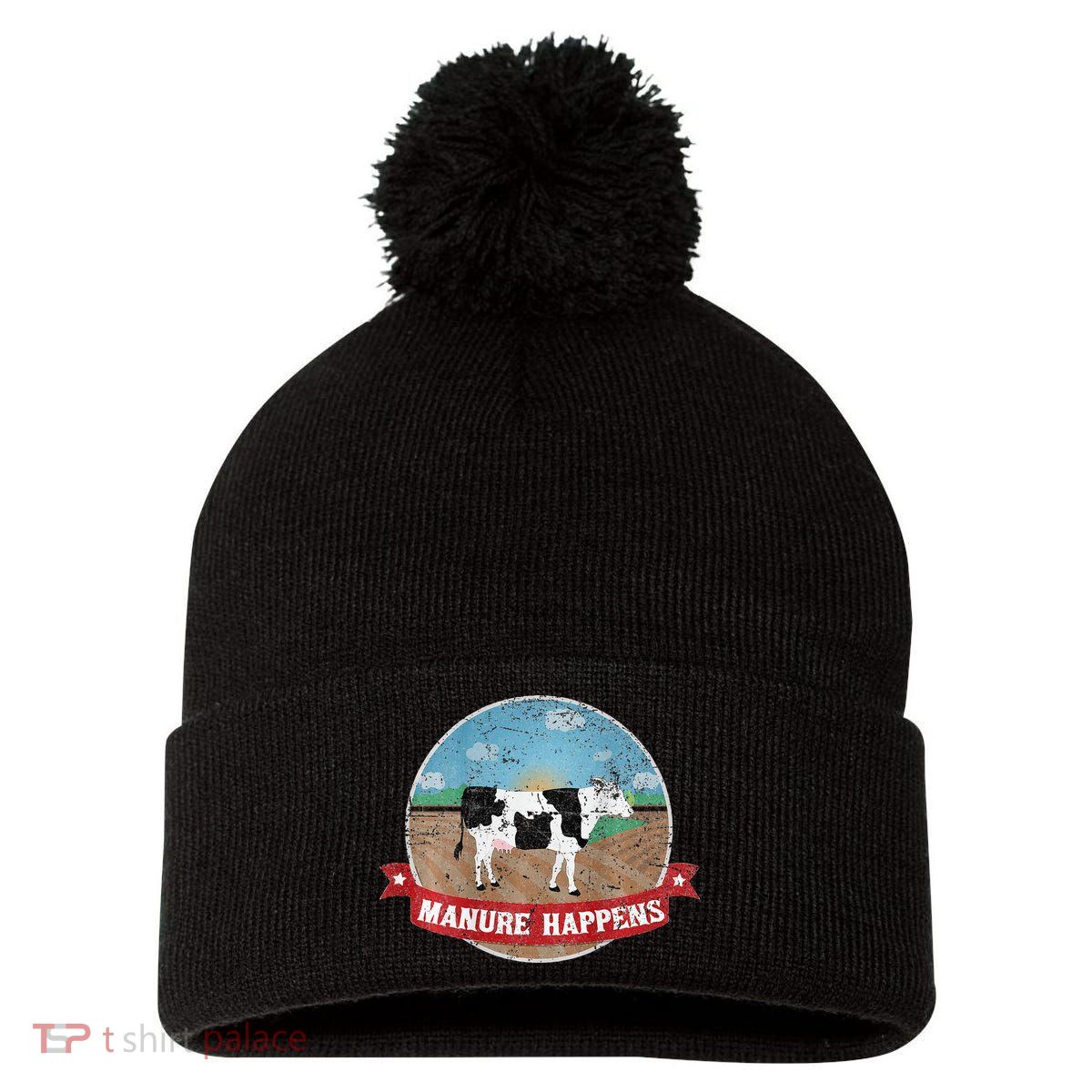 Manure Happens Cattle Ranch Farm Cow Dairy Humor Pom Pom 12in Knit Beanie