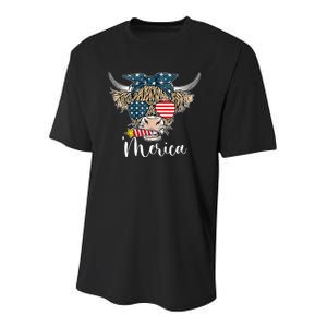 Merica Highland Cow With Bandana Patriotic 4th Of July Youth Performance Sprint T-Shirt