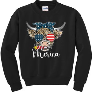 Merica Highland Cow With Bandana Patriotic 4th Of July Kids Sweatshirt