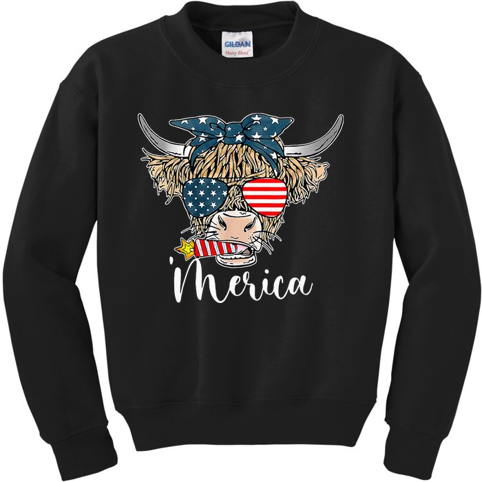 Merica Highland Cow With Bandana Patriotic 4th Of July Kids Sweatshirt