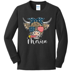 Merica Highland Cow With Bandana Patriotic 4th Of July Kids Long Sleeve Shirt