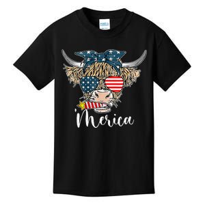 Merica Highland Cow With Bandana Patriotic 4th Of July Kids T-Shirt